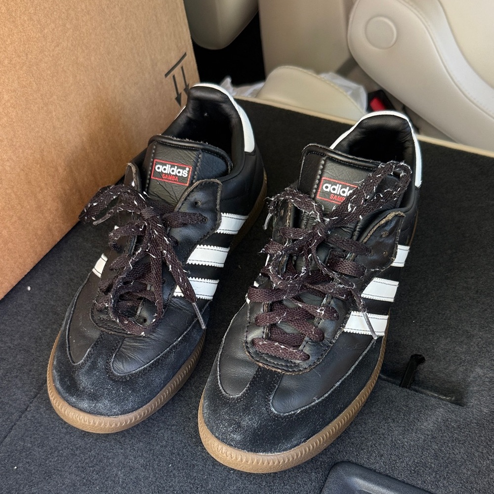 Adidas Men's Black and White Sneakers with Brown Sole